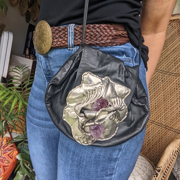 Vintage Handbags - Vintage 70s Brutalist Gypsy Crossbody Amethyst Crystal Metal Flap Bag Brazil